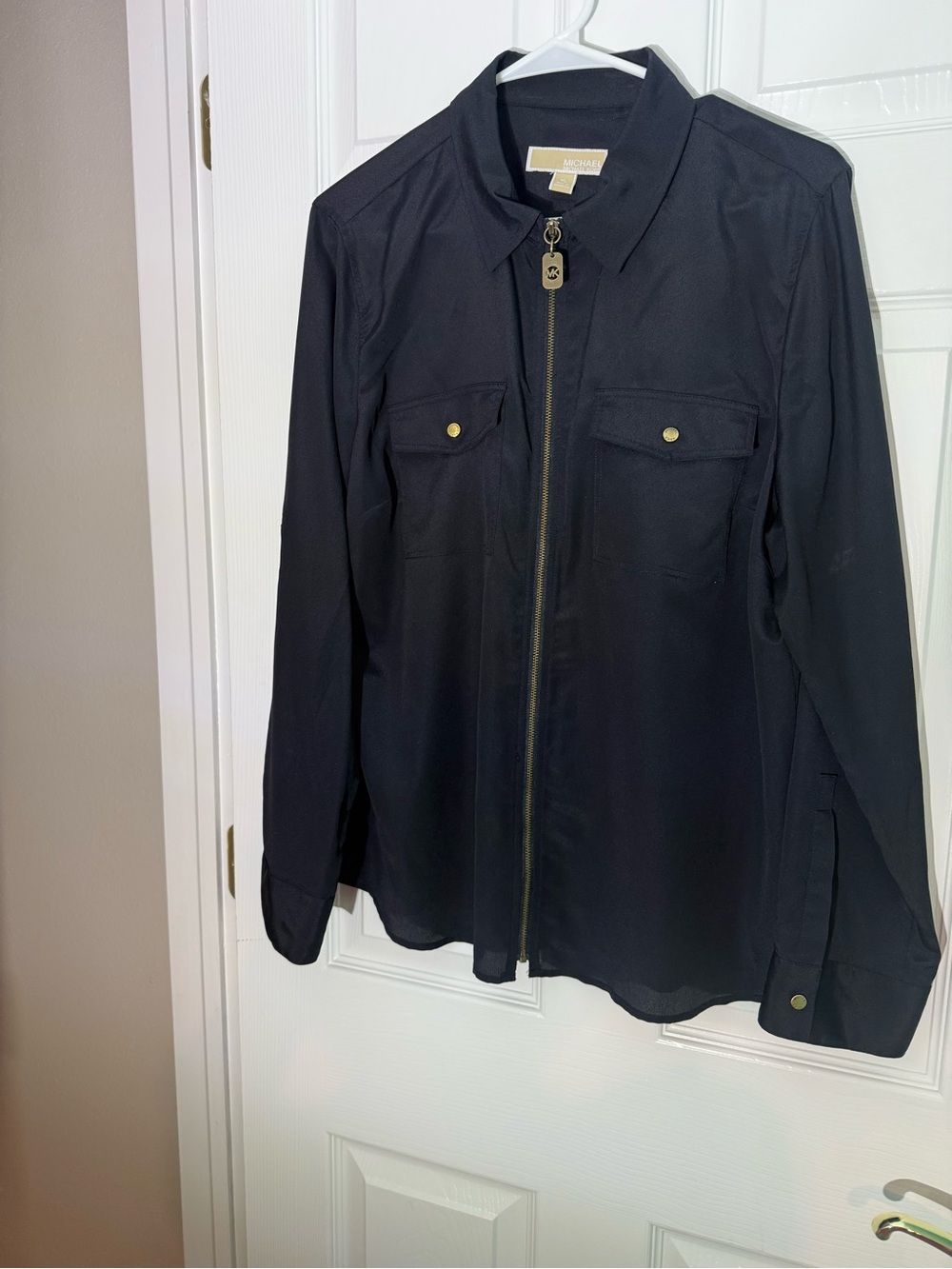 Michael Kors Black Zip-Up Blouse with Gold Hardware